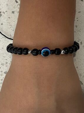 Evil Eye Beaded Stretch Bracelet in Black and Blue